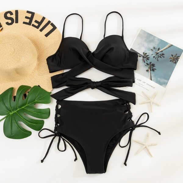 

Solid Push Up Drawstring Side Bikini Swimsuit, Black