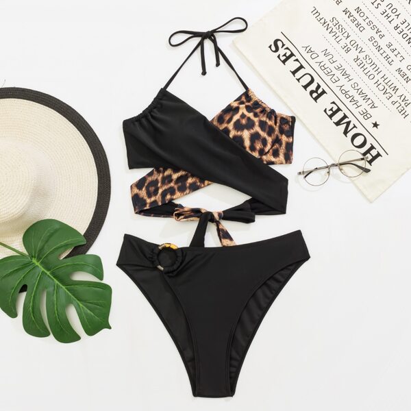 

Leopard Criss Cross Halter Bikini Swimsuit, Multicolor