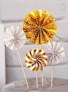 4pcs Paper Fan Shaped Cake Topper, Metallic Round Cake Decoration For Birthday Party - Gold - View 1