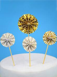 4pcs Paper Fan Shaped Cake Topper, Metallic Round Cake Decoration For Birthday Party - Gold - View 3