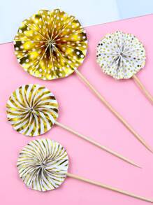 4pcs Paper Fan Shaped Cake Topper, Metallic Round Cake Decoration For Birthday Party - Gold - View 4