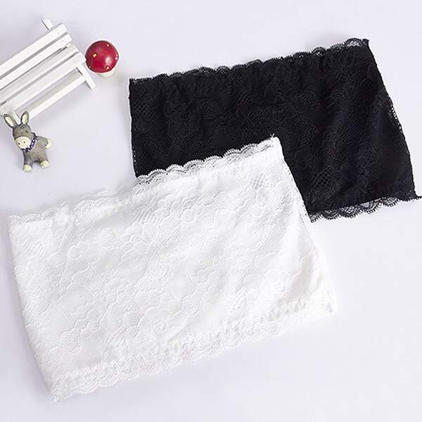 

Girls 2pcs Floral Lace Bralette, Black and white