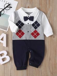 Đứa bé trai 2 trong1 In Argyle Nơ mặt trước Áo liền quần - Nhiều màu - Xem 1