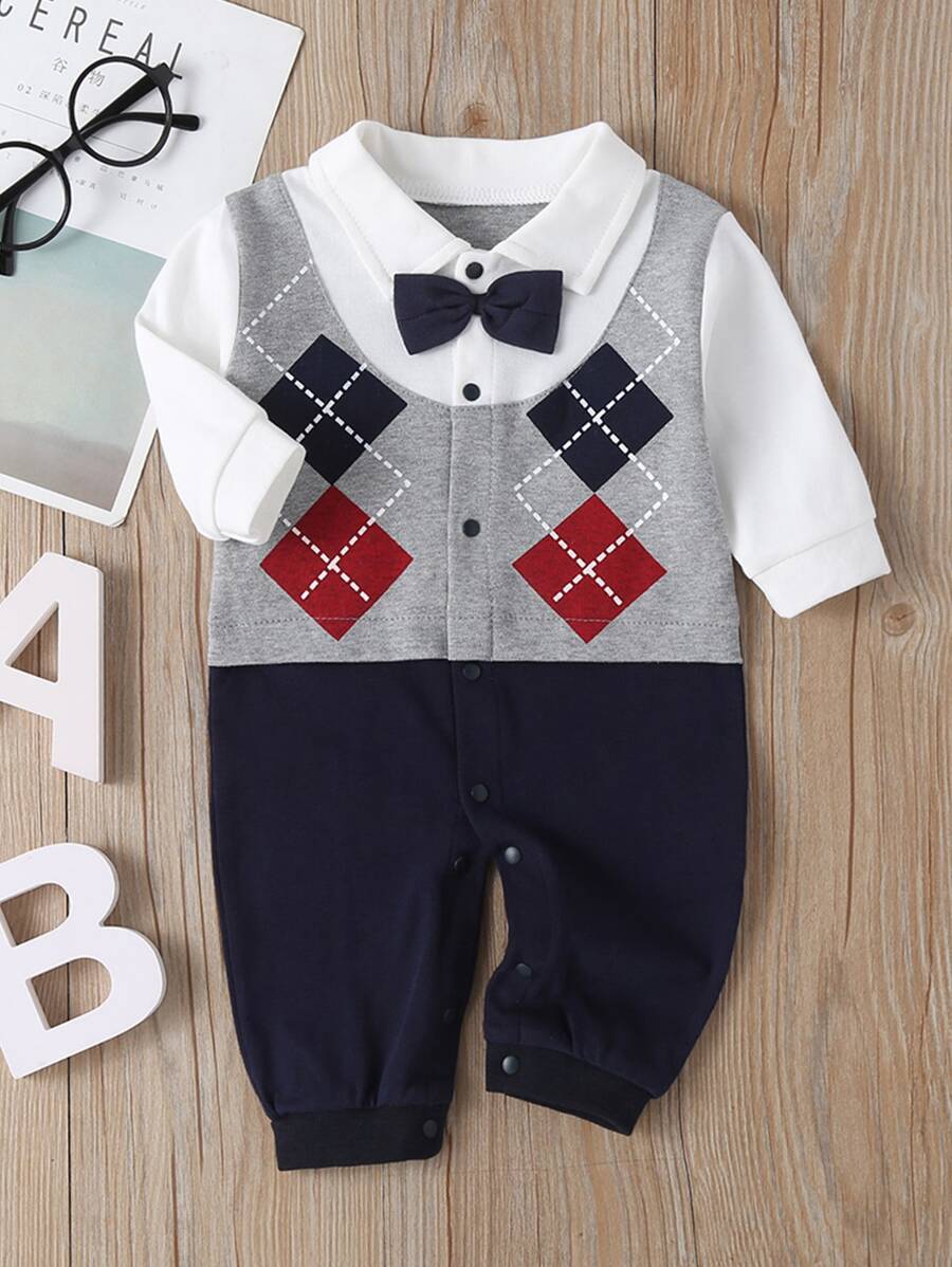 Đứa bé trai 2 trong1 In Argyle Nơ mặt trước Áo liền quần - Nhiều màu - Xem 1