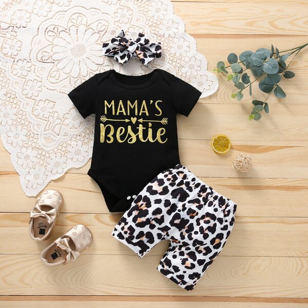 

Baby Letter Graphic Bodysuit With Leopard Shorts With Headband, Multicolor