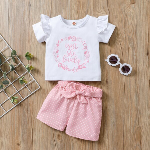 

Baby Girl Flower Print Ruffle Trim Tee & Polka Dot Belted Shorts, Multicolor
