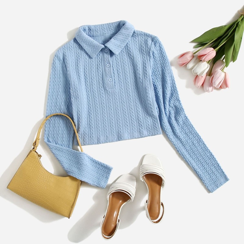 

Textured Half Button Crop Tee, Baby blue