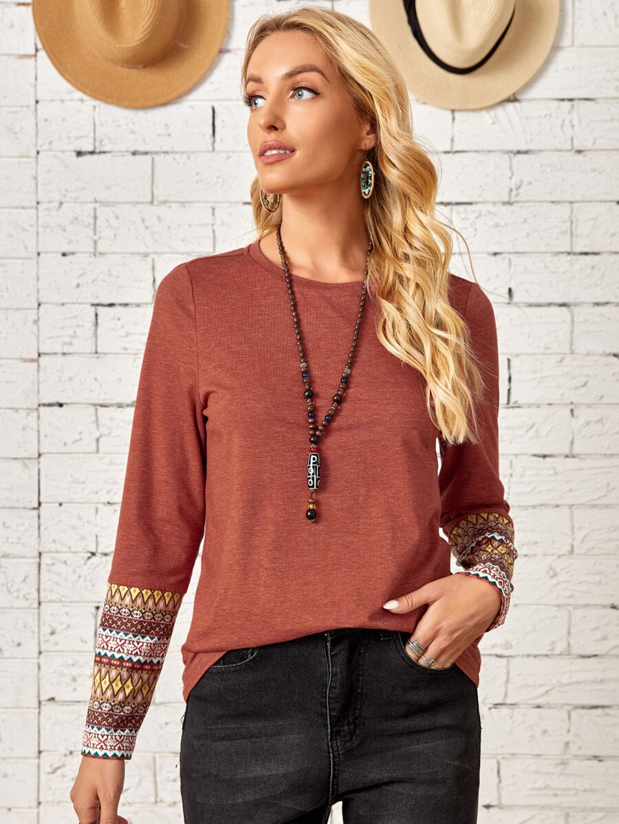 EMERY ROSE Geo Print Tee - Rust Brown - View 1