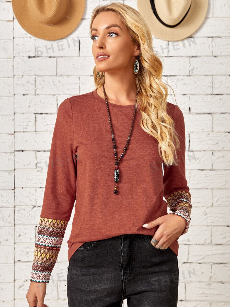 EMERY ROSE T-Shirt mit Geo Muster - Rostbraun - Übersicht 1