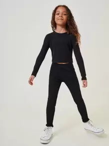 SHEIN Tween Girl Rib-Knit Leggings - Black - View 4