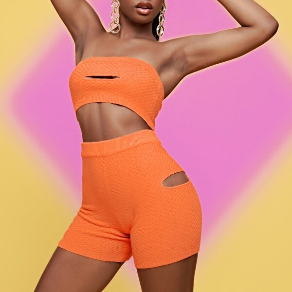 

Cut Out Detail Tube Knit Top & Shorts Set, Orange