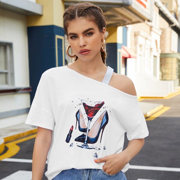 

High Heels & Wine Print Asymmetrical Neck Tee, White