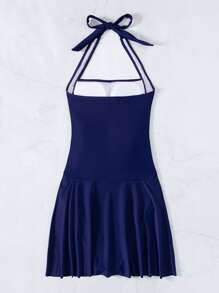 SHEIN Swim Summer Beach Ruffle Halter One Piece Swimsuit - Navy Blue - View 2