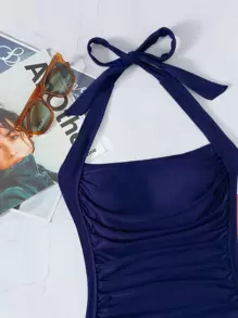 SHEIN Swim Summer Beach Ruffle Halter One Piece Swimsuit - Navy Blue - View 5