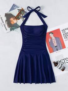 SHEIN Swim Summer Beach Ruffle Halter One Piece Swimsuit - Navy Blue - View 6