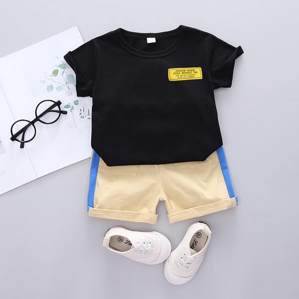 

Toddler Boys Cartoon Graphic Patched Detail Tee & Contrast Side Seam Shorts, Multicolor