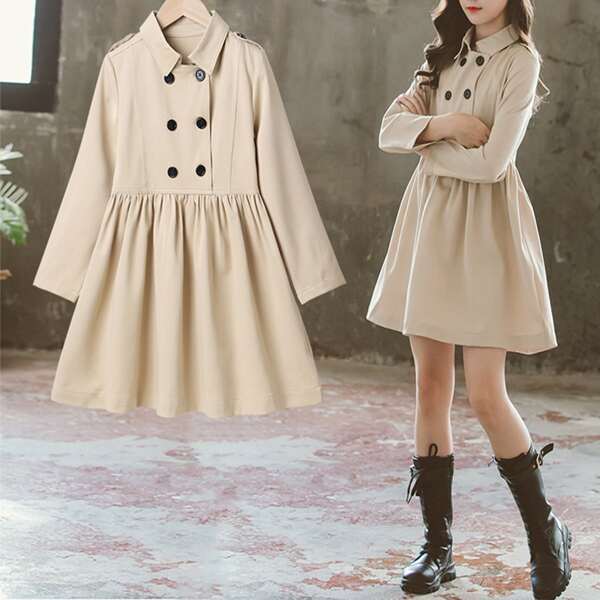 

Girls Double Breasted A-line Dress, Apricot