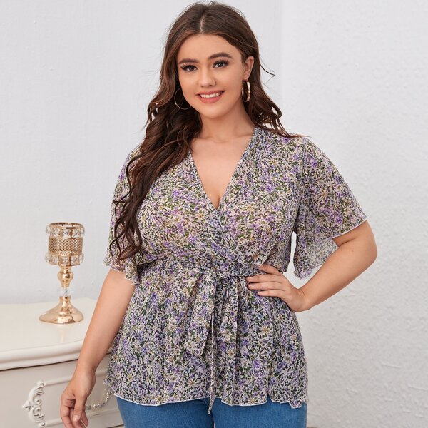 

Plus Ditsy Floral Print Belted Peplum Blouse, Multicolor
