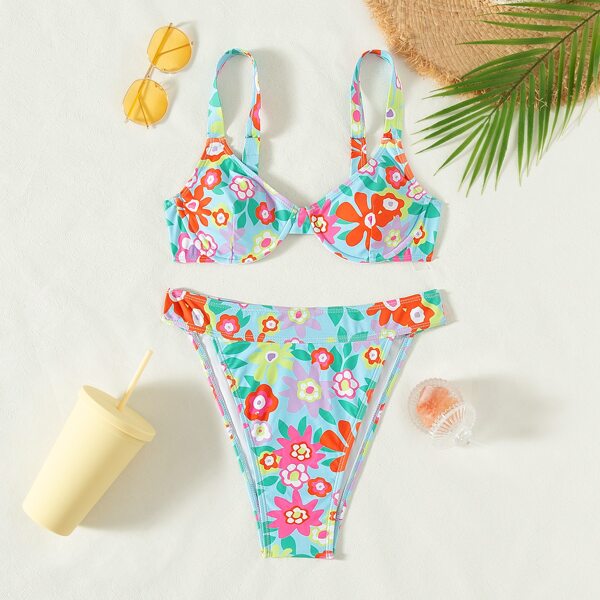 

Floral Push Up High Waisted Bikini Swimsuit, Multicolor