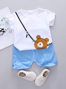 SHEIN 小男童包印花T恤和短褲 - 藍白色 - 查看 1