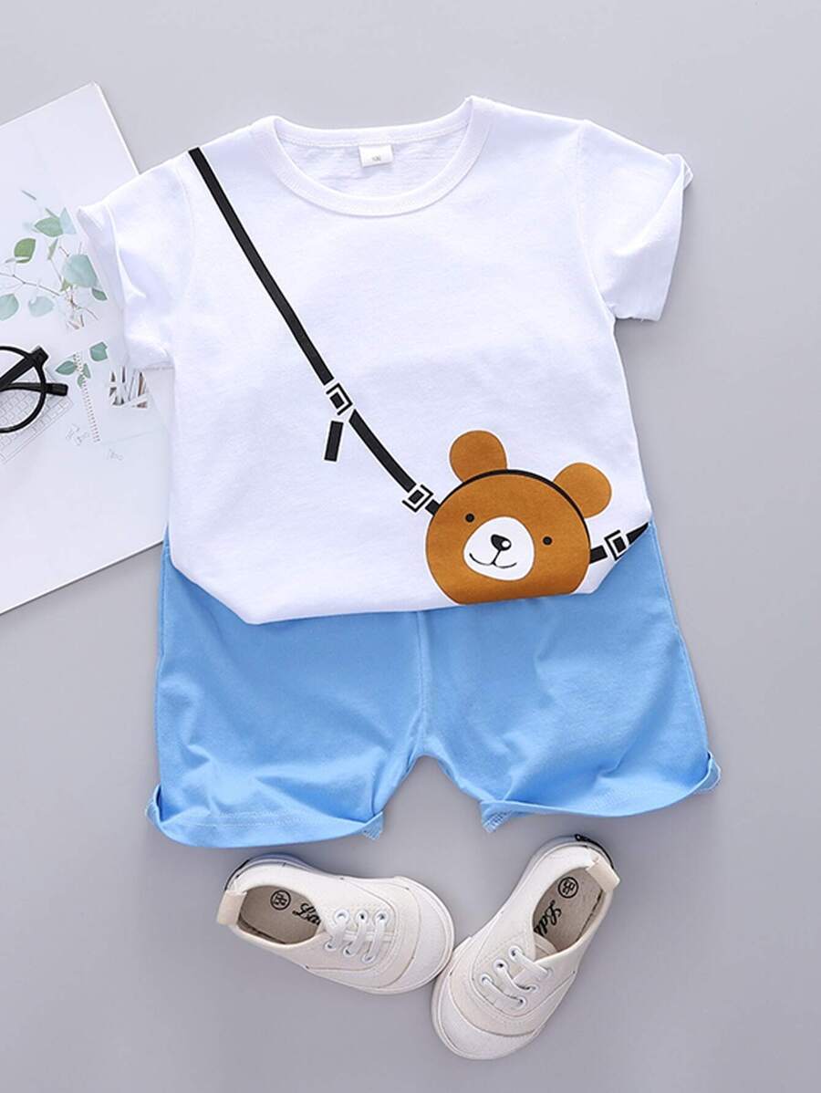 SHEIN 小男童包印花T恤和短褲 - 藍白色 - 查看 1