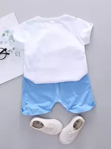 SHEIN 小男童包印花T恤和短褲 - 藍白色 - 查看 2