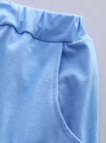 SHEIN 小男童包印花T恤和短褲 - 藍白色 - 查看 4