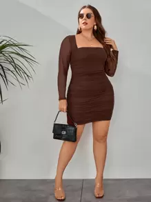 SHEIN Privé 大碼方領褶邊網紗緊身洋裝 - 巧克力棕 - 查看 1
