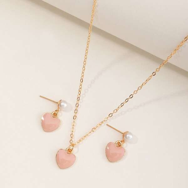 

3pcs Girls Heart Decor Jewelry Set, Pink