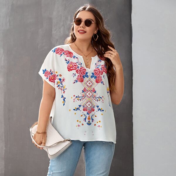 

Plus Floral & Argyle Print Notched Batwing Sleeve Blouse, White