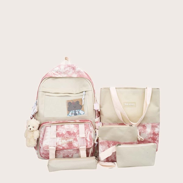 

5pcs Cartoon Decor Tie Dye Pattern Backpack Set, Pink