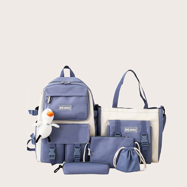 

5pcs Doll Decor Colorblock Backpack Set, Blue