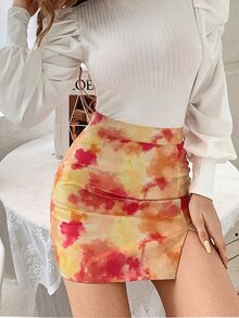 SHEIN MOOSTA Tie Dye Split Hem Skirt - Multicolor - View 4