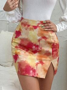 SHEIN MOOSTA Tie Dye Split Hem Skirt - Multicolor - View 2