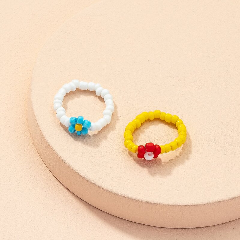 

2pcs Floral Beaded Ring, Multicolor