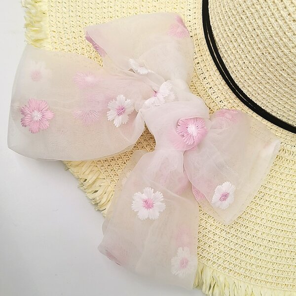 

Flower Embroidery Bow Knot Hair Clip, Baby pink