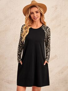 EMERY ROSE Leopard Print Dual Pocket Dress - Black - View 1