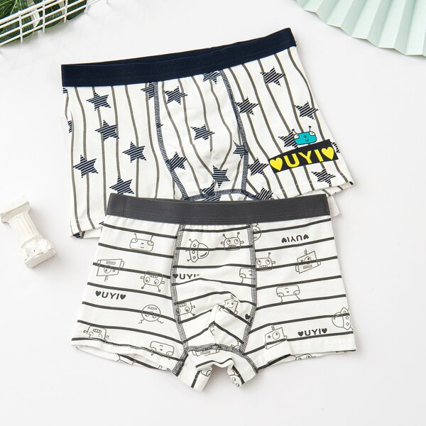 

Boys 2pcs Striped Cartoon Graphic Boxer Brief, White