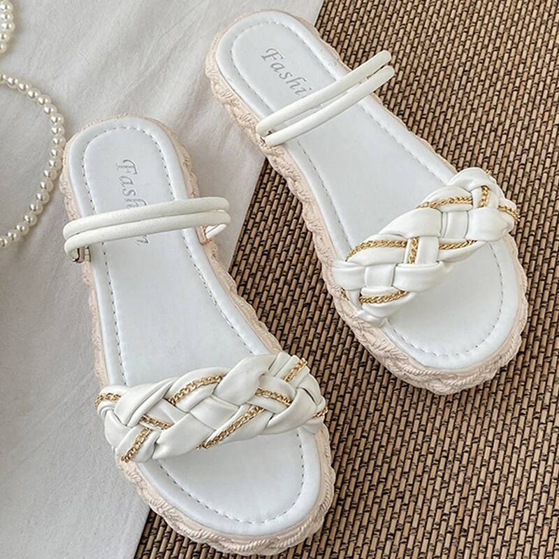 

Braided Flatform Sandals, White