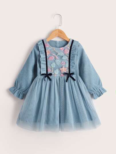 Young Girl Floral Embroidery Ruffle Trim Flounce Sleeve Corduroy Dress