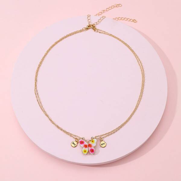 

2pcs Girls Butterfly Charm Necklace, Multicolor
