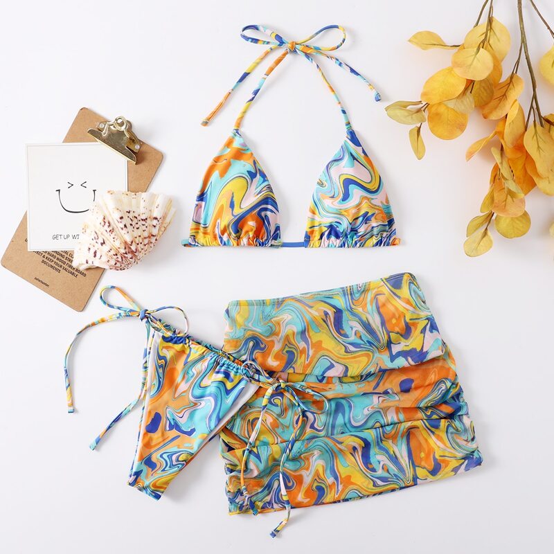 

3pack Abstract Fluid Pattern Bikini Swimsuit & Beach Skirt, Multicolor