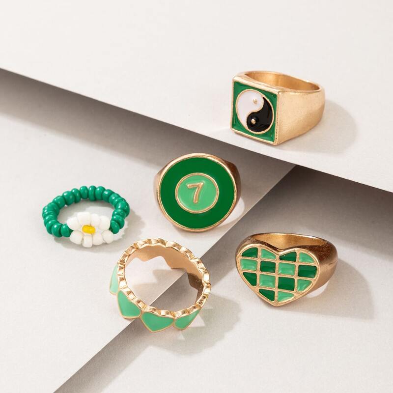 

5pcs Heart Decor Ring, Green