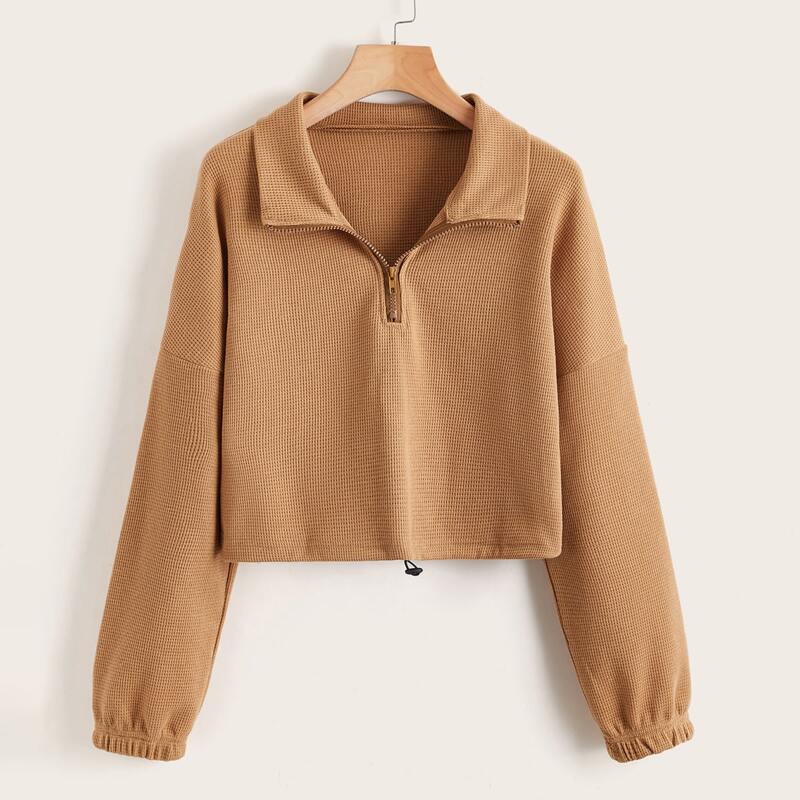 

Half Zip Waffle Knit Crop Sweatshirt, Brown