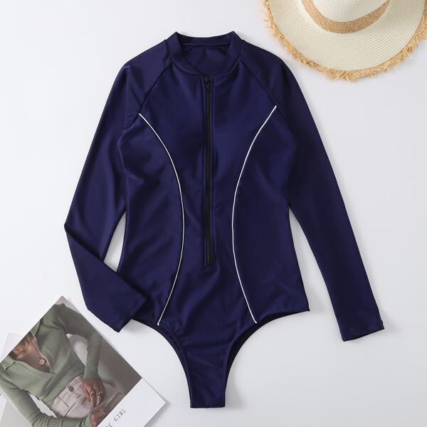 

Zipper Front One Piece Swimsuit, Navy blue