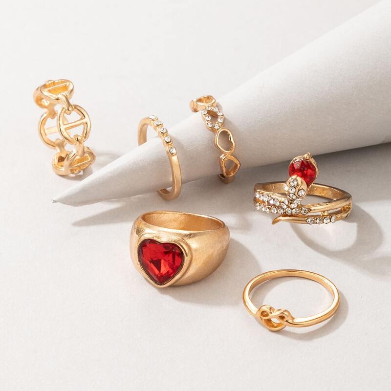 

6pcs Rhinestone Design Ring, Gold