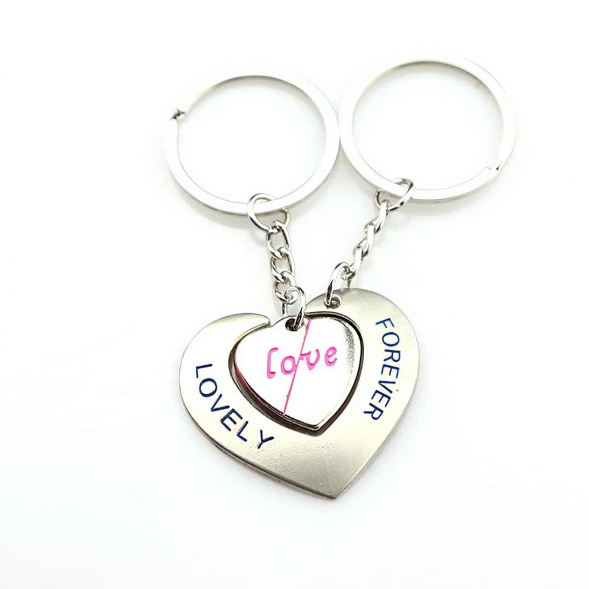 

2pcs Couple Heart Charm Keychain, Silver