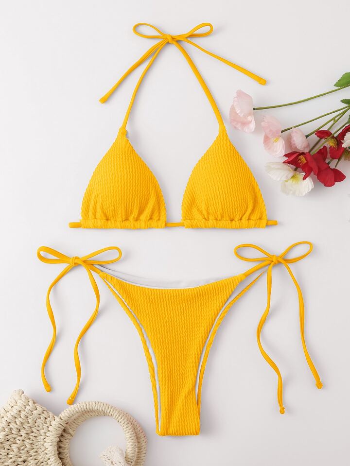 shein textured triangle tie side bikini