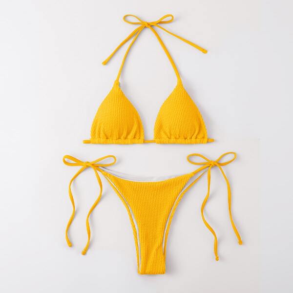 

Textured Triangle Tie Side Bikini Swimsuit, Yellow