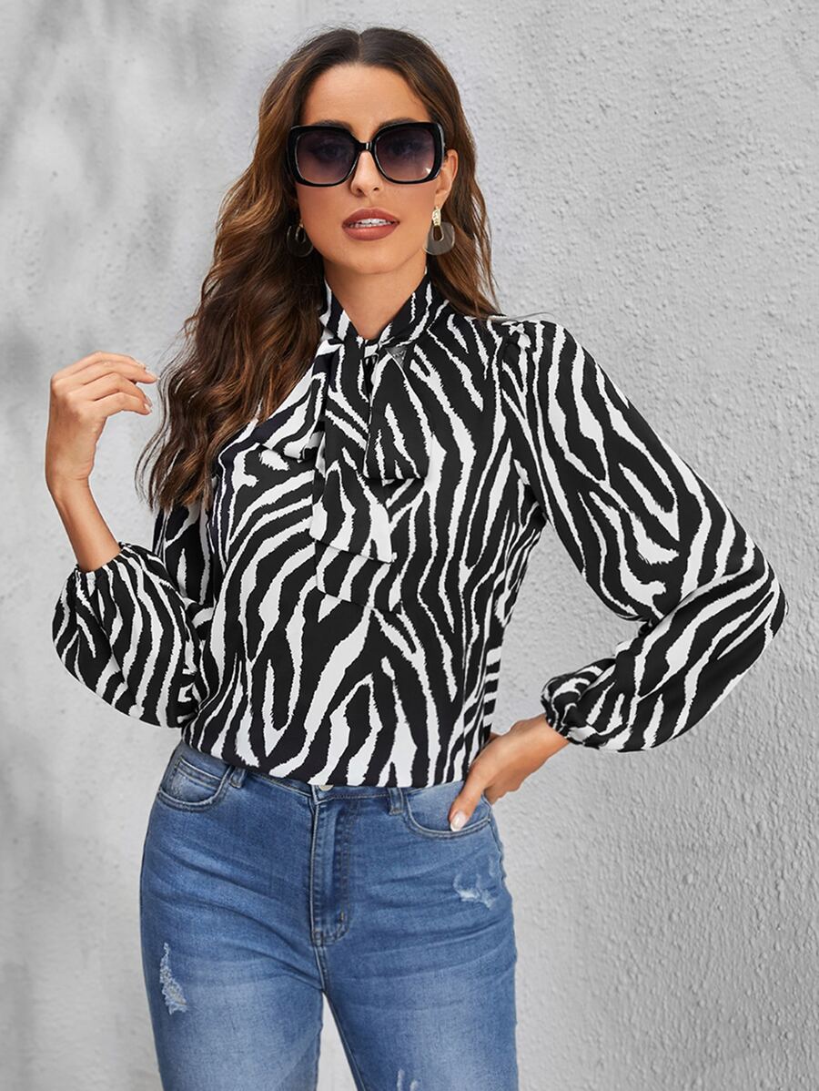SHEIN Tie Neck Lantern Sleeve Zebra Striped Top - Black and White - View 1